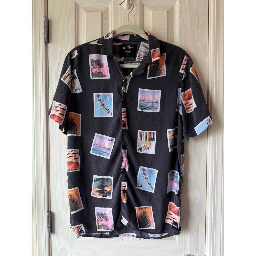 Hollister California Men's Large Epic Flex Button-Up Short Sleeve Cali Photos - Picture 2 of 11